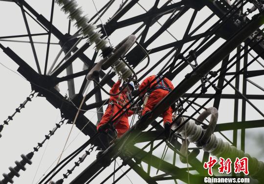 圖為電力工人在70多米高空作業(yè)，為特高壓復(fù)奉線重慶段進行八年來首次大修?！≈芤?攝